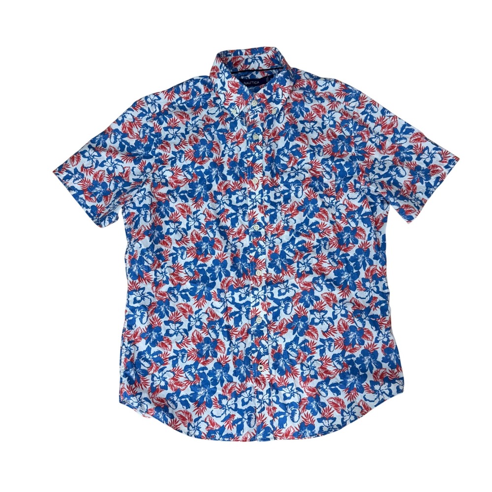 Nautica Button Down Shirt Mens Medium‎ Floral Tropical Short Sleeve Red Blue